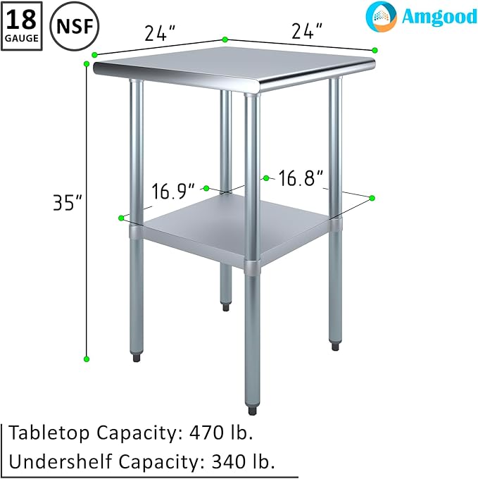 AmGood 24 in. x 24 in. Stainless Steel Work Table | Metal Kitchen Food Prep Table | NSF