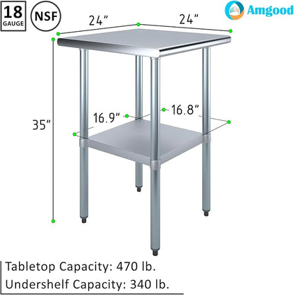 AmGood 24 in. x 24 in. Stainless Steel Work Table | Metal Kitchen Food Prep Table | NSF