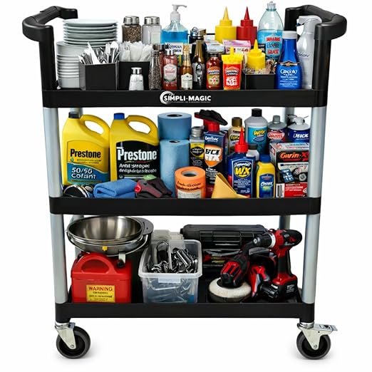 Simpli-Magic Rolling Utility Cart on Wheels, Heavy Duty Multi-Purpose Service Cart, Silver & Black, Garage, Warehouse & Commercial Use