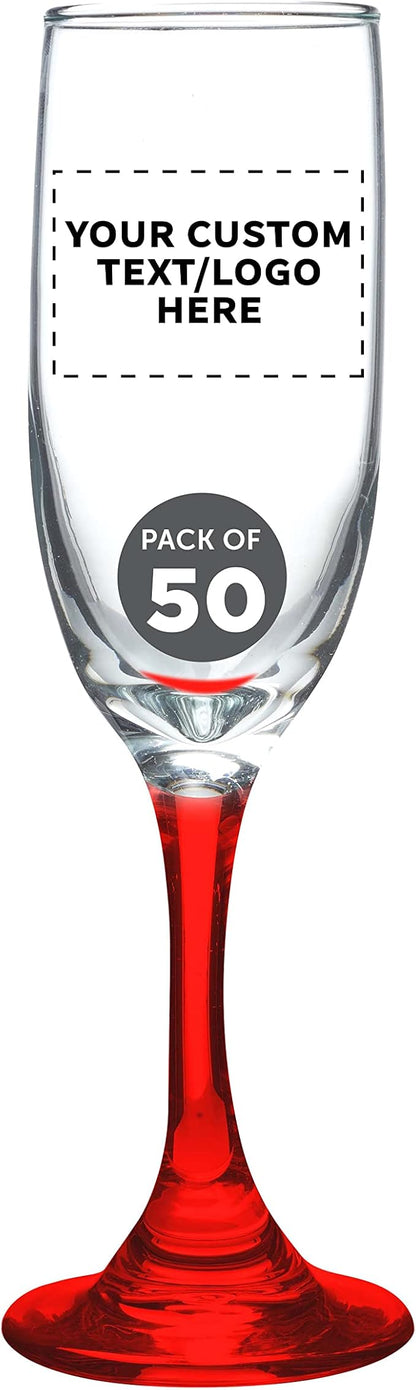 DISCOUNT PROMOS Custom Premiere Champagne Flutes 6.25 oz. Set of 50, Personalized Bulk Pack - Elegant Drinkware for Weddings, Events, & Promotional Gifts - Red