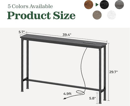SUPERJARE 5.7 Inch Console Table with Outlet, Sofa Table, Behind Couch Table, 5.7 x 39.4 x 29.7 Inches, Metal Frame, Charging Station, for Living Room, Black