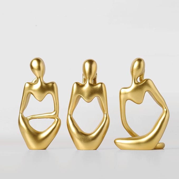 BrownLove 3pcs Golden Decor Thinker Statue Abstract Art Sculpture，Resin Collectible Figurines for Home Living Room Office Shelf Decoration