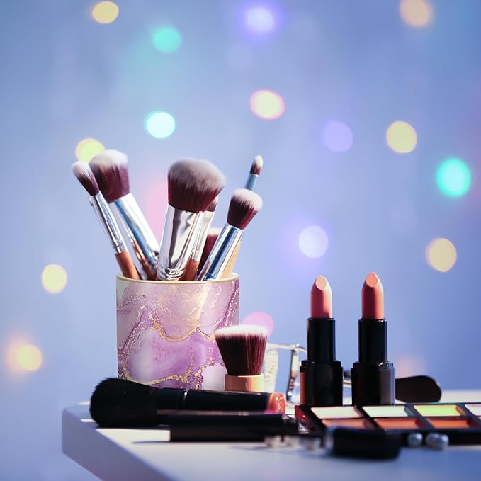 WAVEYU Pen Holder for Desk, Cute Ceramic Pencil Holder, Pen Cup Marker Holder Makeup Brush Holders, Desk Accessories & Workspace Organizers for Home, Office, Purple Marble