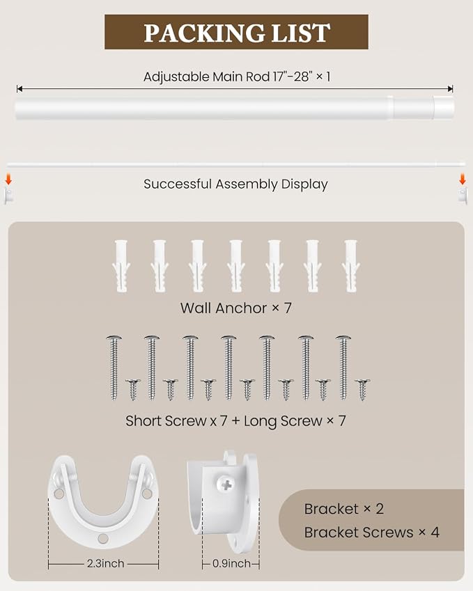 Heavy Duty Closet Rod, 17-28 IN Closet Rods for Hanging Clothes, White