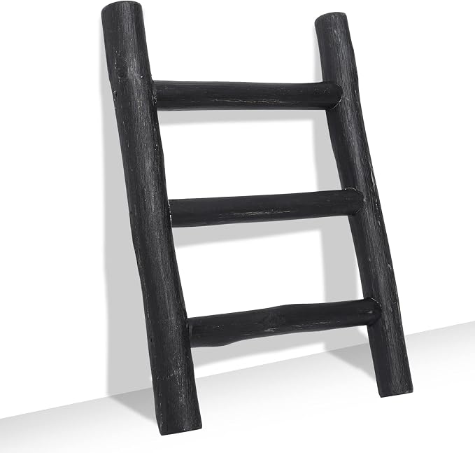FUIN Fully Assembled Wooden Tea Towel Ladder, Mini Ladder Towel Rack Display Hanger, Small Rustic Farmhouse Tea Towel Stand Holder for Country Bathroom Decor, Black