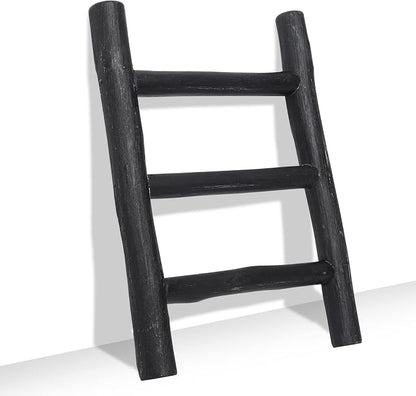 FUIN Fully Assembled Wooden Tea Towel Ladder, Mini Ladder Towel Rack Display Hanger, Small Rustic Farmhouse Tea Towel Stand Holder for Country Bathroom Decor, Black