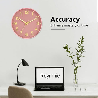 Roymnie Silent Wall Clocks Battery Operated 8 Inch-Modern Non Ticking Analog Clock Decorative for Kitchen Office Bathroom Bedroom(Pink Gold)