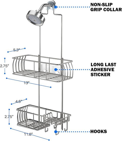 Epicano Anti-Swing Hanging Shower Caddy Stainless Steel 304, Over Head Shower Caddy Rustproof with hooks for Towels, Sponge and more, Chrome