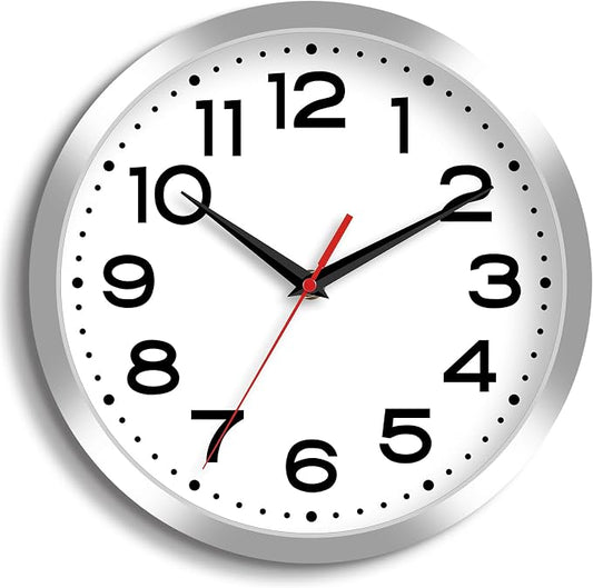 Roymnie Wall Clock Silent Non-Ticking Modern Clock Battery Operated 12 Inch Small Classic Analog Decorative for Kitchen, Bathroom, Office, Bedroom, Home(Silver)
