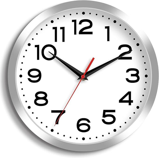 Roymnie Wall Clock Silent Non-Ticking Modern Clock Battery Operated 10 Inch Small Classic Analog Decorative for Kitchen, Bathroom, Office, Bedroom, Home(Silver)