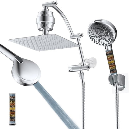 Hibbent All Metal 10'' Dual Filtered Rainfall Shower Head Combo, High Pressure Handheld Shower Head with 16'' Adjustable Arc Extension Arm, 20 Stage Shower Filter, 10-spray, 71'' Shower Hose, Chrome