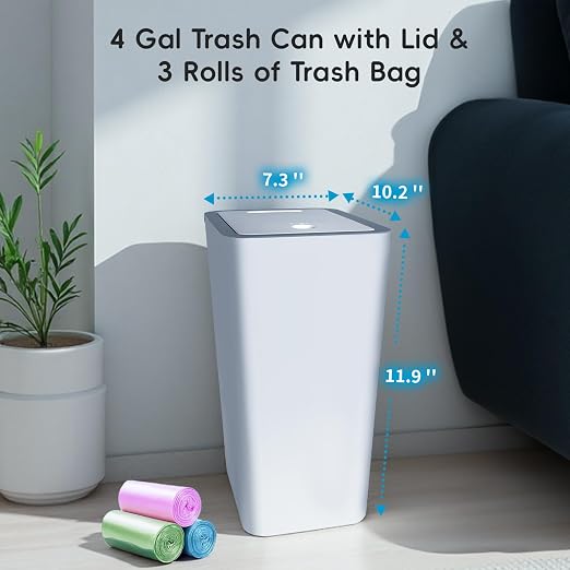 Lysam Small Trash Can, 3 Pack 4 Gallons Bathroom Garbage Can with Lid Press-Top, Small Waste Basket with Trash Bags, Slim Plastic Garbage Bin for Dorm, Office, Bedroom, Kitchen, Living Room (Black)