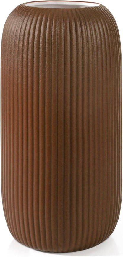 Ceramic Vase for Flowers – Modern Small Ribbed Textured Flower Vase for Home Decor, Pampas Grass, Decorative, Farmhouse, Coffee Table, Kitchen Centerpieces, Bookshelf and Home Living (Caramel)