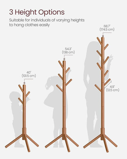 VASAGLE Solid Wood Coat Rack, Free Standing Tree-Shaped Coat Rack with 8 Hooks, 3 Height Options, for Clothes, Hats, Bags, Living Room, Bedroom, Home Office, Caramel Brown URCR04WN