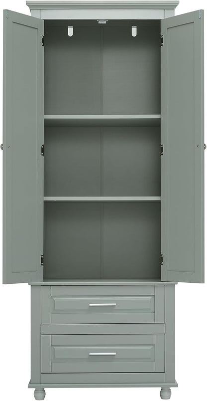 Storage Cabinet, Tall Bathroom Cabinet with Adjustable Shelf | Tall storage cabinet, upper enclosed cabinet and 2 pull-out compartments keep daily essentials organized