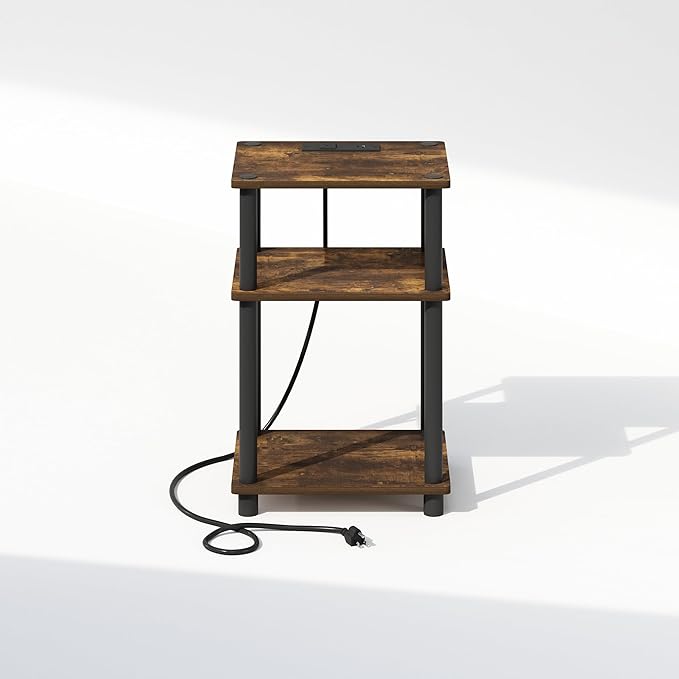 Furinno JUST Night Stand, 3-Tier Turn-N-Tube Nightstand with Charging Station, Bedside Table, End Table, Side Table with USB and Type-C Port, for Bedroom, Closet, Dorm, Amber Pine