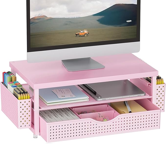 gianotter Wood Monitor Stand Riser, Desk Organizer with Drawer and 2 Pen Holders, 2-Tier Workspace Organizer for Office Supplies