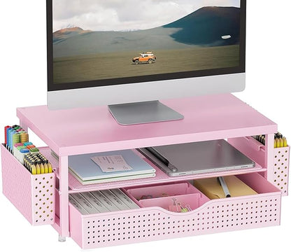 gianotter Wood Monitor Stand Riser, Desk Organizer with Drawer and 2 Pen Holders, 2-Tier Workspace Organizer for Office Supplies