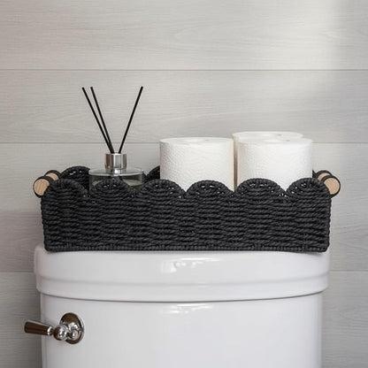 Black Paper Rope Scalloped Basket with Wooden Handles, Modern Bathroom Counter Organizer Basket for Vanity, Toilet Tank Top, Shelves & Coffee Table – 14" x 6.3" x 3.9"