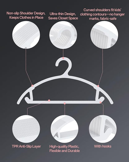 100 Pack Kids Hangers, Non-Slip & Sturdy Coat Hangers, Ultra-Thin Plastic Suit Hangers for 7-12 Years Old, Dry & Wet Dual-Use Multi-Scenario Storage, Holds Up to 11 LB, 14"W , White, UAPY09100W