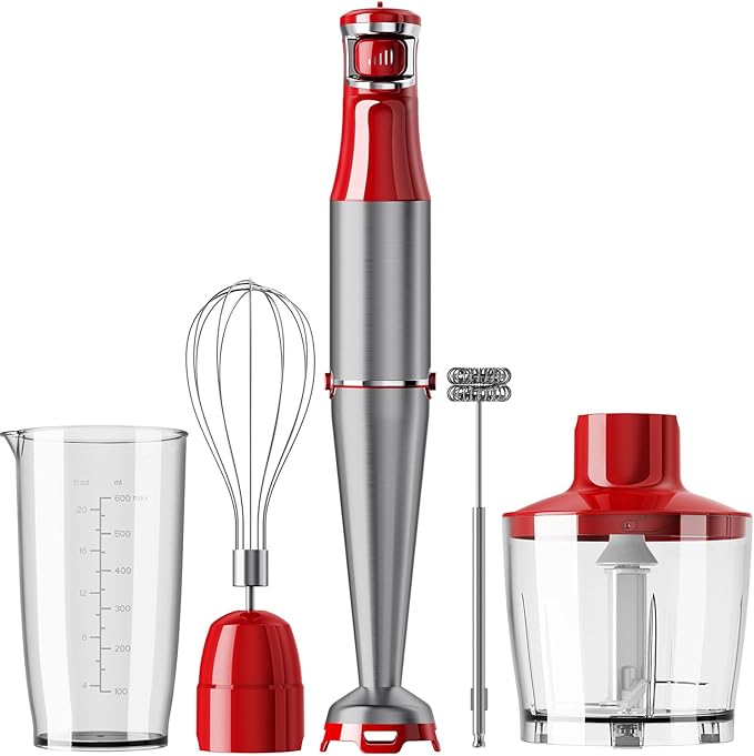 Turelar Immersion Blender Handheld Corded Hand Blenders Set 1100W, Trigger Variable Speed 5 in 1 Stick Emulsifier with Chopper, Whisk and Frother for Soup, Baby Food and Smoothies, Christmas red