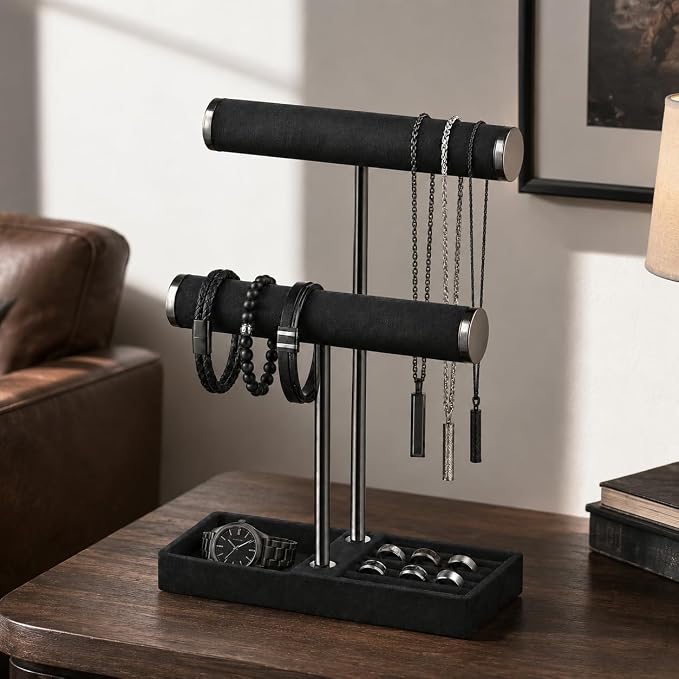 bussdis 2 Tier Bracelet Holder Display - Detachable T Bar Black Velvet Bracelet Holder, Jewelry Holder Organizer for Bracelet, Necklace, Earrings, Rings