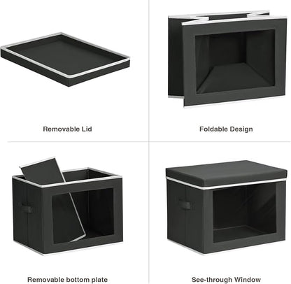 Homsorout Cube Storage Bins with Lids, Clear Window Storage Baskets for Organizing, Fabric Organizer Bins with Handle, Cloth Storage Bins for Shelves, Closet, Clothes, Towels, 4 Packs, Black