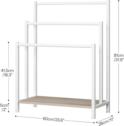 HOOBRO Free Standing Towel Rack, 3 Tier Blanket Rack, Blanket Holder for Bathroom, 23.6" L x 11" W x 31.9" H, Industrial Metal Drying and Display Rack with Shelf, White and Grey WG06LB01