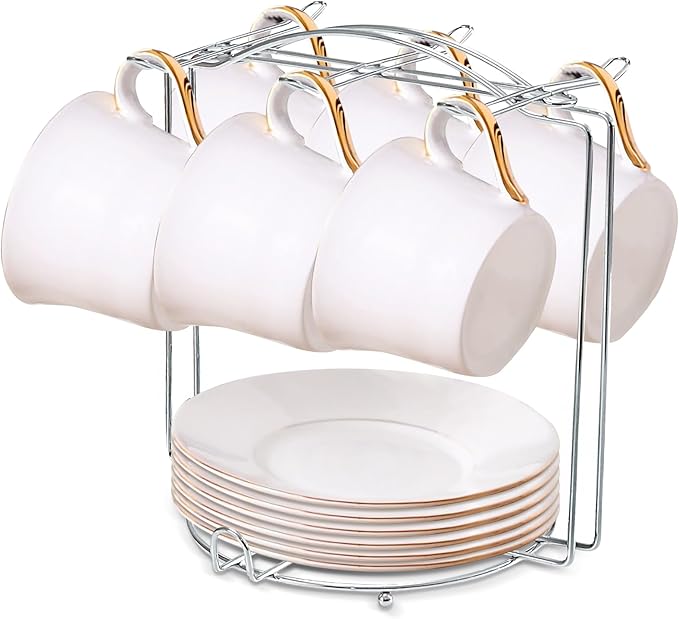 Tea Cups and Saucers Holder,Metal Tea Cups Coffee Cups Rack,Organizer for Coffee Cup Spoon and Saucers (Silver)