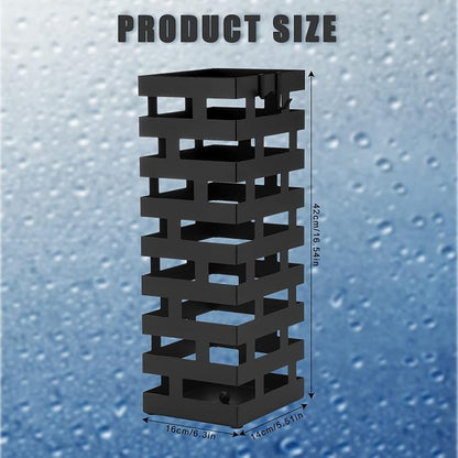 Tudomro Umbrella Stands for Entryway Large Metal Umbrella Holder 6.3 x 5.5 x 16.5 Inches with Removable Water Tray and Hooks Decor Freestanding Rectangular Hollow Rack for Home Office(Black)