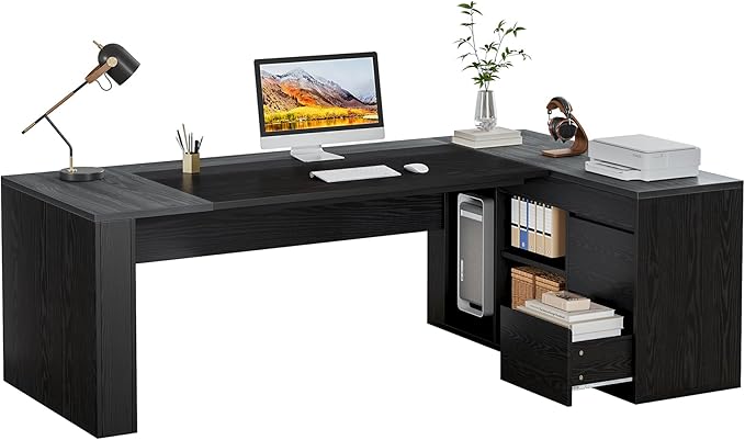 Tribesigns 78" L Shaped Executive Desk with Drawers, Large Office Computer Desk with Cabinet and Storage Shelves, Modern Business Furniture Sets Workstation for Home Office (Grey/Black)