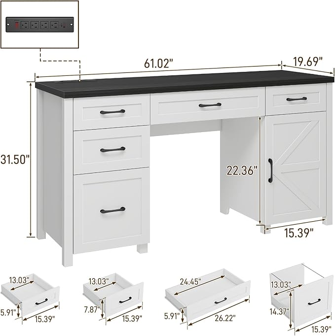 Vabches Farmhouse 61'' Executive Desk with 5 Drawers, Rustic Office Desk Computer Desk with Charging Station, File Drawers and Storage Cabinet, Wood Workstation for Home Office and Study.(Black Top)