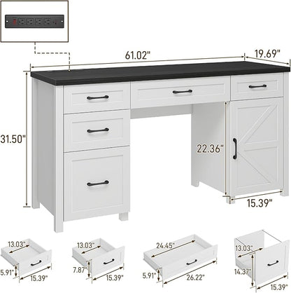 Vabches Farmhouse 61'' Executive Desk with 5 Drawers, Rustic Office Desk Computer Desk with Charging Station, File Drawers and Storage Cabinet, Wood Workstation for Home Office and Study.(Black Top)