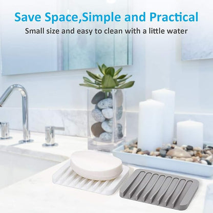 Silicone Soap Dishes for Shower, 3+1 PCS Upgrade Self-Draining Bar Soap Holder, Premium Sponge Holder for Sink, Kitchen, Bathroom, or Counter, Easy Clean, Can Extend Soap Life (White & Gray)