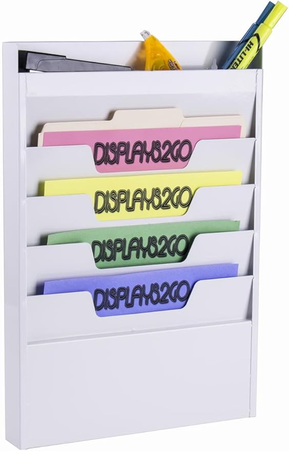 Office Wall Rack for File Folder or Magazine, 4 Tier, Top Organizer (White Powder Coated Steel)