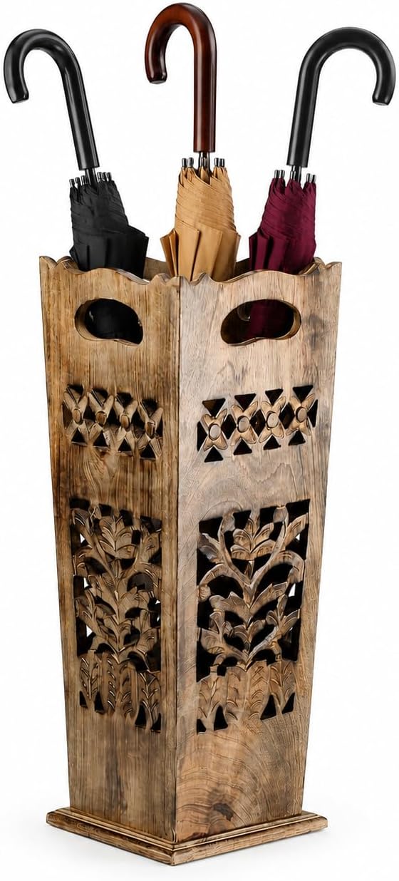 Hand-Carved Wooden Umbrella Stand & Walking Cane Holder, 21 Inch Tall Decorative Umbrella Rack, Rustic Floor Storage Organizer for Entryway, Hallway, Home & Office