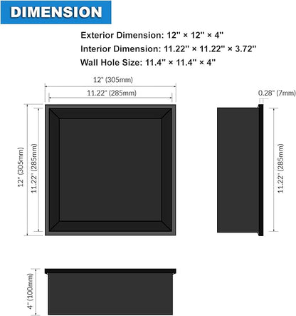 Shower Niche 12 x 12, Matte Black Stainless Steel Shower Niche Shelf Recessed for Bathroom Storage No Tile Needed Over Mount Installation