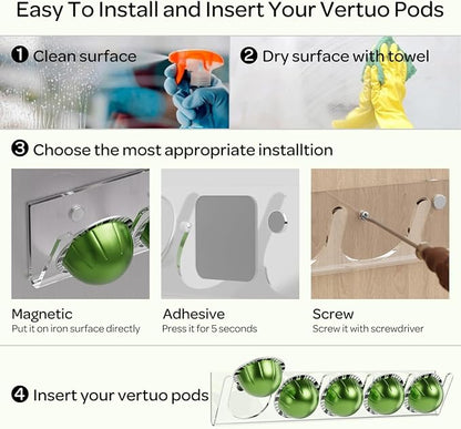 LifeMoreasy Magnetic Coffee Pods Holder for Nespresso Vertuo & Dolce Gusto, Self-Adhesive Wall Mounted Capsule Organizer for Kitchen Cabinet Fridge(4 Packs for 20 Pods) (Clear)