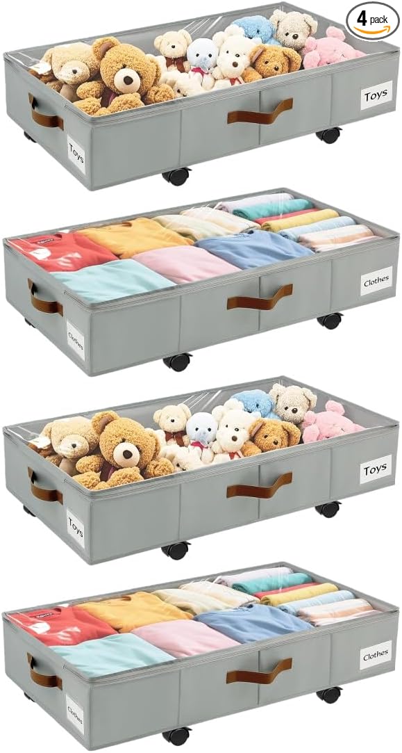 Under Bed Storage with Wheels,Underbed Storage with Sturdy Sidewalls/Bottom, Clear Cover, Label and PU Handle, Rolling Under Bed Drawers for Clothes, Shoes, 6.5 Inch Height,Grey, 4 Pack