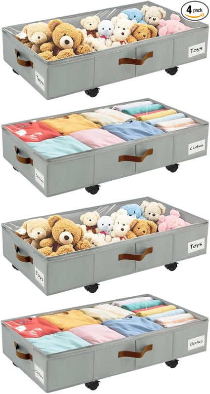 Under Bed Storage with Wheels,Underbed Storage with Sturdy Sidewalls/Bottom, Clear Cover, Label and PU Handle, Rolling Under Bed Drawers for Clothes, Shoes, 6.5 Inch Height,Grey, 4 Pack