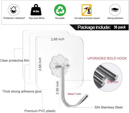 ZESLMG Adhesive Wall Hooks No Damage for Hanging, 36 Pack Large Self Sticky Hooks Heavy Duty 44lb Removable, Clear Hook for Shower Towel Coat Key Picture Wreath Outdoor Bathroom Kitchen, Waterproof