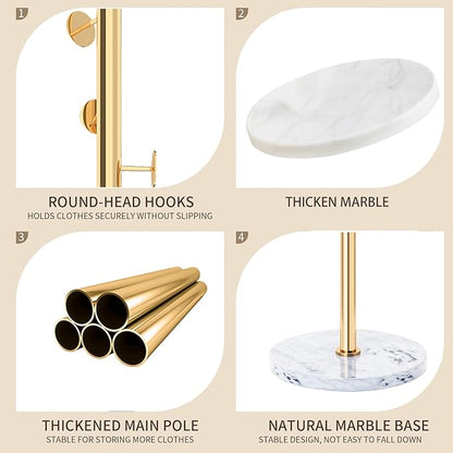 Modern Metal Coat Rack Stand with Natural Marble Base, Heavy Duty Coat Rack Freestanding with 8 Hooks, Golden Standing Coat Racks Hall Tree Stand for Bag, Jacket, Entryway Office