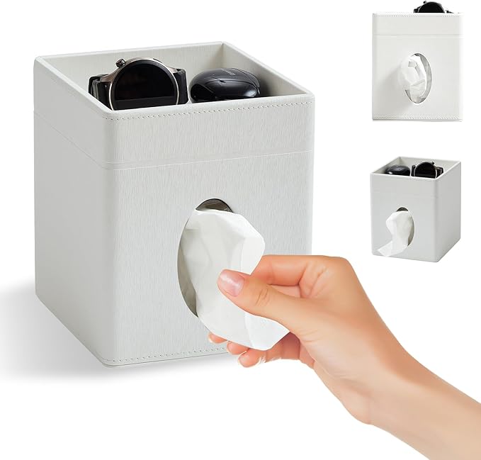 Cloudever Tissue Box Holder Cover, Modern PU Leather Square Decorative Tissue Holder Organizer-Woven New Off White