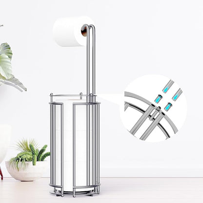 Meangood Toilet Paper Holder Stand and Tissue Paper Roll Dispenser for 4 Mega Rolls, Bathroom Free Standing Tissue Roll Storage Holder Rack, Detachable (Matte Silver)