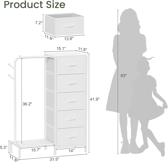 Snughome Dresser with Hanging Rack, Clothes Hanging Rack with 5 Drawers, White Dresser with Clothes Rack, Fabric Storage Chest of Drawers, Small Dresser for Bedroom, Apartments, Entryway Living Room