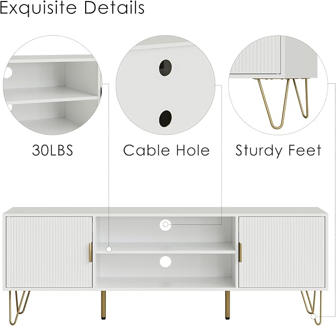 TV Stand for 55-65 Inch TV, Entertainment Center with Soft Hinge Door,TV Console Table with 2 Cabinets with Gold Handle and Feet,for Living Room, Bedroom, White
