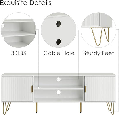 TV Stand for 55-65 Inch TV, Entertainment Center with Soft Hinge Door,TV Console Table with 2 Cabinets with Gold Handle and Feet,for Living Room, Bedroom, White