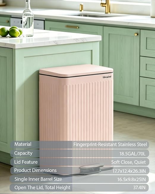 Lovewind Kitchen Trash Can, 18.5 Gallon / 70L Large Kitchen Garbage Can with Soft Close Lid – Pet Resistant, Removable Inner Bucket, Stainless Steel Trash Bin Perfect for Big Families, Pink