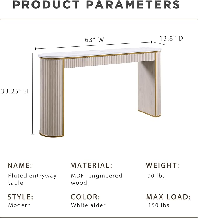 OKD Modern Fluted Console Table, 63" Long Narrow Entryway & Sofa Tables for Hallway, Tall Accent Table Behind Couch for Foyer Living Room, White Alder