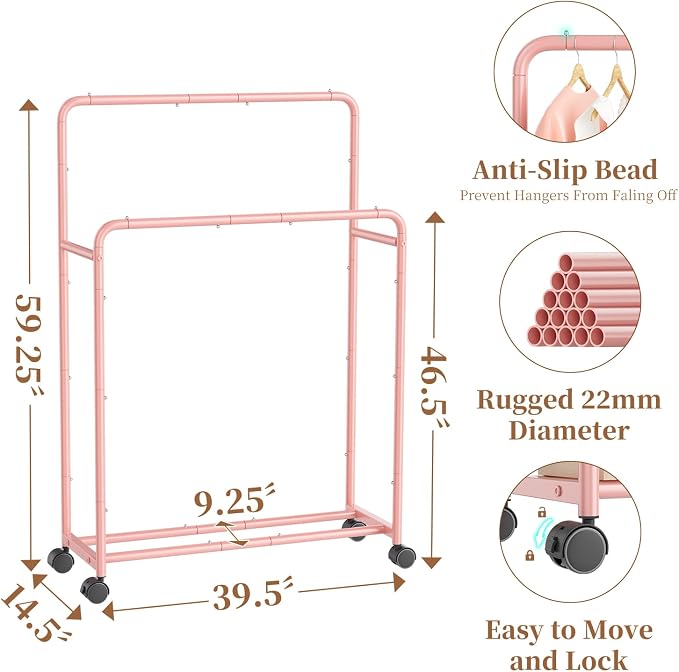 Simple Trending Clothing Clothes Rack Double Rods with Wheels, Rolling Metal Garment Rack for Hanging, Pink